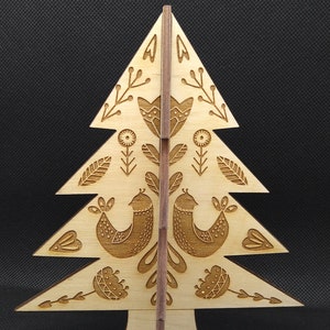 Folk art Christmas tree, etched on all sides, Wooden 3D Tree