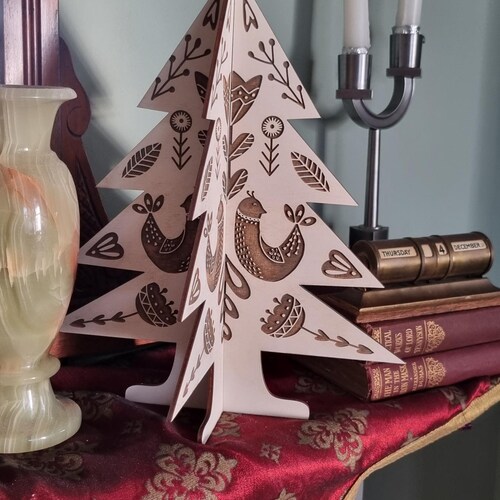 Folk Art Wooden Christmas tree, slot together, Hand Drawn.
