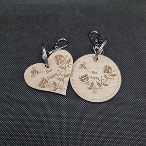 Wooden Bee Happy Keyring