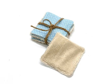 Square discs, cottons, make-up remover wipes, washable and zero waste in printed cotton/white bamboo sponge