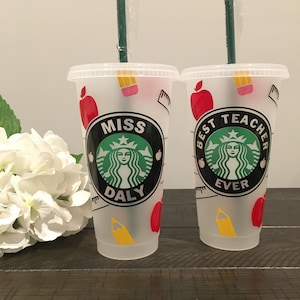 Personalized Teacher Starbucks Venti Cup: Apple & Pencil Design