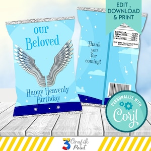 Heavenly Birthday Chip Bag,  Memorial Chip Bag,   Funeral Chip Bag Label, Angel Wings chip bag