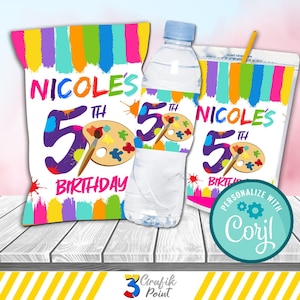Editable Bundle Art Paint Pack printable, Art craft Favor Bag, Art paint chip bag, paint watter bottle label, craft party
