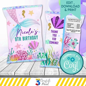 Editable Mermaid Chip Bag | Little Mermaid Snacks Treat Bags | Mermaid Treat Bag | Mermaid Birthday | Little Mermaid Party Favor