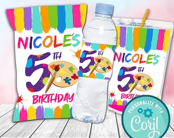 Editable Art Birthday Party Pack: Favor Bag & Water Bottle Label (Digital)