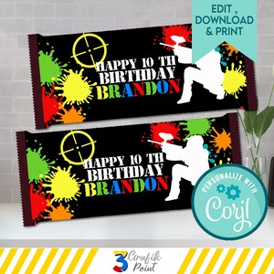 May include: Printable birthday party favor labels featuring a paintball player silhouette, colorful paint splatters, and the text "Happy 10th Birthday Brandon".