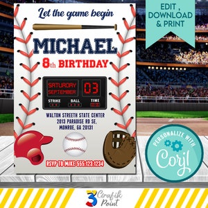 Editable Baseball Invitation template, Baseball Birthday  Invitation, Baseball Party, Baseball  Game, Baseball Invite