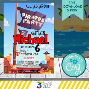 Bewerkbare piraat uitnodiging sjabloon, piraat verjaardagsuitnodiging, schatkaart, piraat kinderverjaardag, piratenfeest uitnodiging afdrukbaar