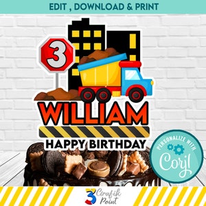Construction Truck Birthday Cake Topper: Editable Design