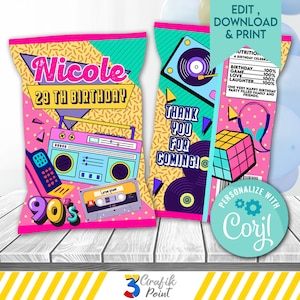Editable Template 90s Party Chip Bag | Love the 90s | Retro Chip Bag Label | Back to the 90s | 90s Party Favor Bag | Corjl