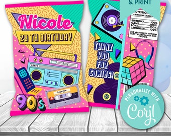 Editable Template 90s party Chip Bag, Love the 90s, Retro  Chip Bag Label, Back to the 90s, 90s party  Chip Bag