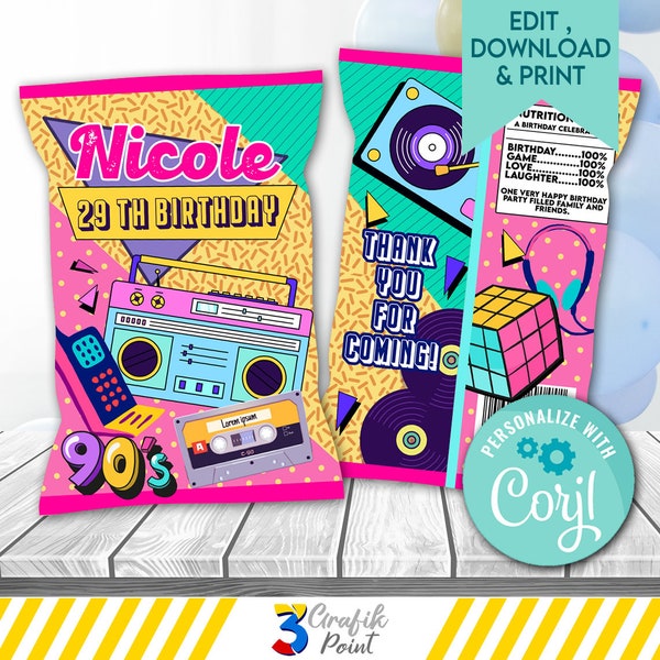 Editable Template 90s party Chip Bag, Love the 90s, Retro  Chip Bag Label, Back to the 90s, 90s party  Chip Bag