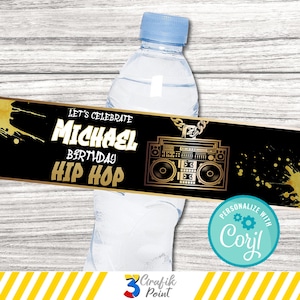 Editable Hip Hop Water Label template, Hip Hop Party, Party Birthday Water Label, Retro Party Water Label