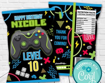 Gamer Birthday Party Chip Bag Template: Video Game Favor Bag (Editable)