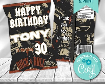 Rock and Roll Birthday Chip Bag, Retro Party Favor (Editable Template)