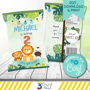 Editable Safari Birthday Chip Bag: Jungle Animals Party Favor (Digital)
