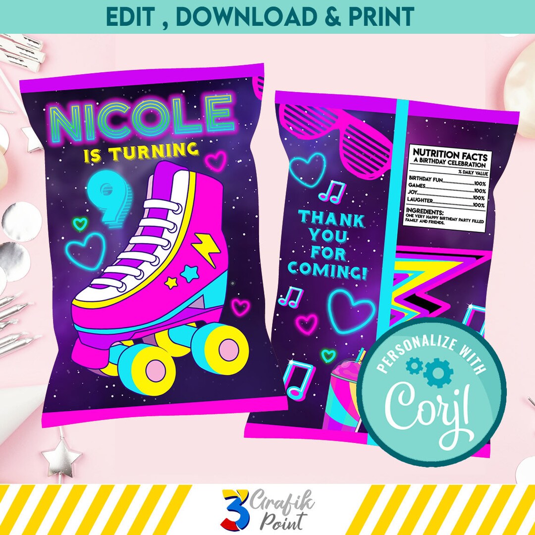 Roller Skate Chip Bag Template, Roller Skate Favor Bag, Roller Skate