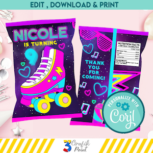Roller skate Chip Bag Template, Roller skate Favor Bag, Roller skate Birthday, Roller skate birthday chip bag, Roller skate party