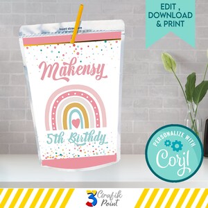 Bearbeitbare Boho-Regenbogen-Saft-Vorlage, Regenbogen-Geburtstags-Saft-Etikett, Pastell-erdiges Regenbogen-Geburtstags-Saft-Etikett