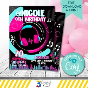 Bewerkbare verjaardagsuitnodiging muziek: dansfeest, sociale media (digitale download)