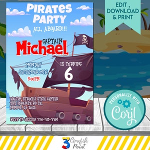 Plantilla de invitación pirata editable, invitación de cumpleaños pirata, mapa del tesoro, cumpleaños de niños piratas, invitación a fiesta pirata imprimible