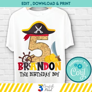 Bewerkbare sjabloon piraat ijzer transfer T-shirt, piraat verjaardag T-shirt, schatkaart, piraat kinderverjaardag, piratenfeest T-shirt digitaal