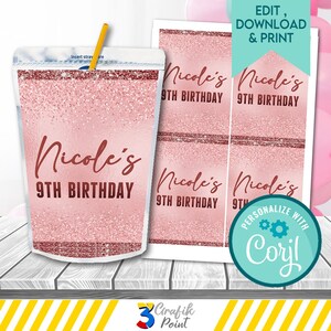 Rose Gold Birthday Juice Label Template: Elegant Pink (Editable, Digital Download)