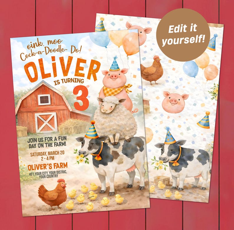 Editable Farm Birthday Invitation, Barnyard Bash Party (digital ...