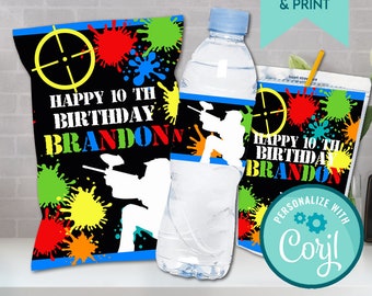 May include: Party supplies with a paintball theme, including a chip bag, water bottle, and juice box. They are decorated with colourful paint splatters, a paintball player silhouette, and the text "HAPPY 10TH BIRTHDAY BRANDON".