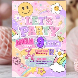 May include: A colorful party invitation with the words "LET'S PARTY" in bubble letters. The invitation includes the name "AMELIA" and the number "9", along with the date and time. Decorative elements include smiley faces, flowers, rainbows, and stars.