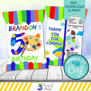 Editable Art Paint Party Chip Bag Template,  Paint Party Birthday, Craft Party, Craft Birthday,  Art Paint Birthday