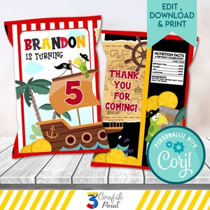 Plantilla editable de bolsa de chips pirata, bolsa de chips de cumpleaños pirata, mapa del tesoro, cumpleaños de niños piratas, bolsa de chips de fiesta pirata imprimible