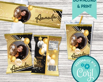 Or noir joyeux anniversaire Party Bundle, Golden Party, or Topper, or noir anniversaire