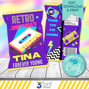 Editable 90s Party Chip Bag Template, Retro Snack Bag, Love the 90s Favor, Back to the 90s Party, Corjl Template