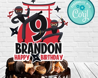 May include: A red and black cake topper with two ninjas, a red gate, and the number 9. The topper says "Brandon Happy Birthday".