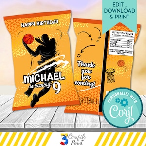 Basketball Chip Bag Template: Editable Sports Party Favor (Corjl Digital Download