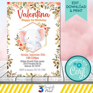 Pink Elephant Birthday Invitation Template: Watercolor Floral (Digital Download)