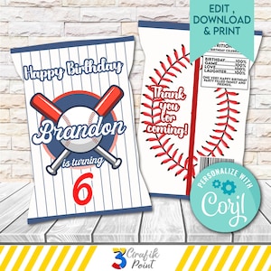 Bearbeitbare Baseball Chip Tasche Vorlage, Sport Chip Tasche, Baseball Topper, Baseball Geburtstag, Sport Party