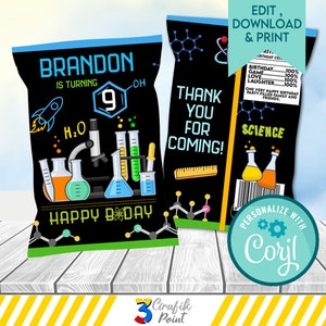 Editable Science Chip Bag Template, Science Party Favor, Science Birthday Printable, Boy Scientist Party, Corjl Editable Snack Bag