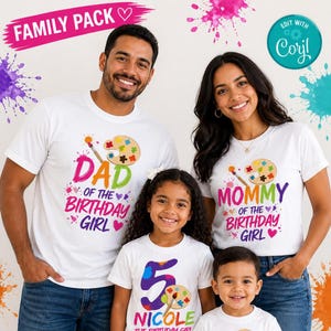 May include: A family wearing matching white t-shirts with colorful paint palette designs. The shirts read "DAD of the BIRTHDAY GIRL," "MOMMY of the BIRTHDAY GIRL," and "5 NICOLE THE BIRTHDAY GIRL." The words "FAMILY PACK" are at the top.