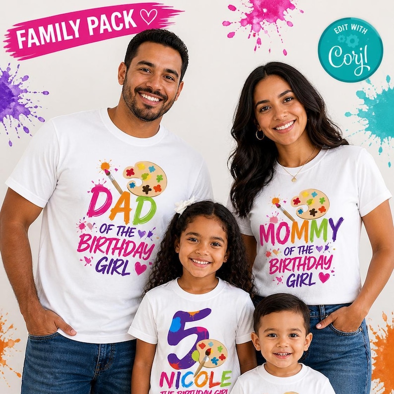 May include: A family wearing matching white t-shirts with colorful paint palette designs. The shirts read "DAD of the BIRTHDAY GIRL," "MOMMY of the BIRTHDAY GIRL," and "5 NICOLE THE BIRTHDAY GIRL." The words "FAMILY PACK" are at the top.