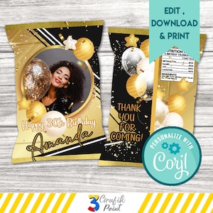 Gold & Black Birthday Chip Bag: Elegant Party Favor (Digital Download, Printable Template