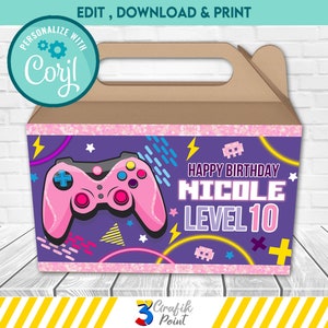 Editable Gamer Party Box template for Birthdays with Favor Bag and Video Game Theme