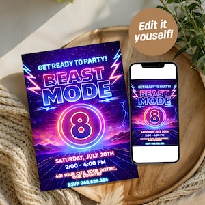 May include: A party invitation with a vibrant design, featuring the text "BEAST MODE" in neon colors, along with the number "8". The invitation also includes event details such as the date, time, and RSVP information. A smartphone displays the same design.
