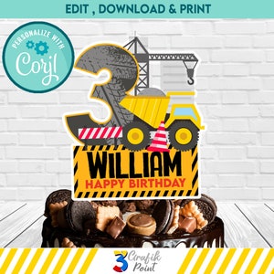 Construction Truck Birthday Cake Topper: Customizable Design