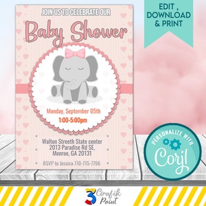 Editable Pink Elephant  baby shower Invitation Template, Baby Elephant Girl, baby shower Elephant invitation, baby Shower
