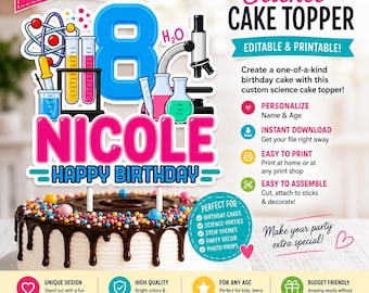 May include: A science-themed cake topper with the name "Nicole" and the number "8". The topper features lab equipment illustrations, the words "Happy Birthday", and the text "Science Cake Topper". The cake is decorated with sprinkles and chocolate.