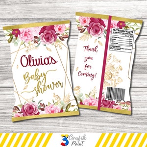 Baby Shower  Chip Bag printable, Baby Shower  Favor Bag, Baby Shower , Pink Floral chip bag, Gold Floral  Baby Shower, custom chip bag