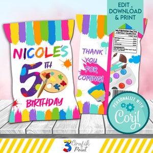 Editable Art Paint Party Chip Bag Template,  Paint Party Birthday, Craft Party, Craft Birthday,  Art Paint Birthday