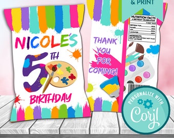 Art Paint Birthday Chip Bag Template: Editable Party Favor (Digital Download)